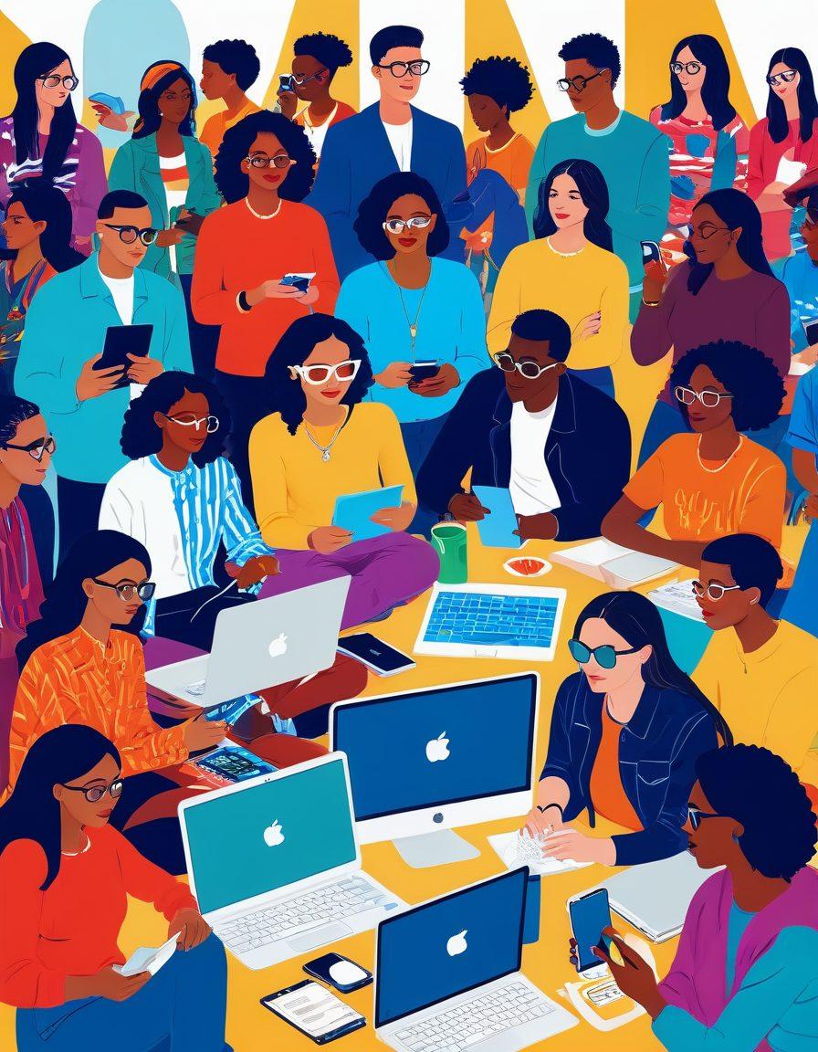 A dynamic collage showcasing Zillennials engaged in diverse activities like digital art creation, social activism, and vibrant social gatherings. Include colorful fashion styles that reflect the youth's unique identities, with elements of technology and community in the background. The scene should emanate energy and optimism, capturing the essence of today's youthful spirit. vector art. vibrant colors.
