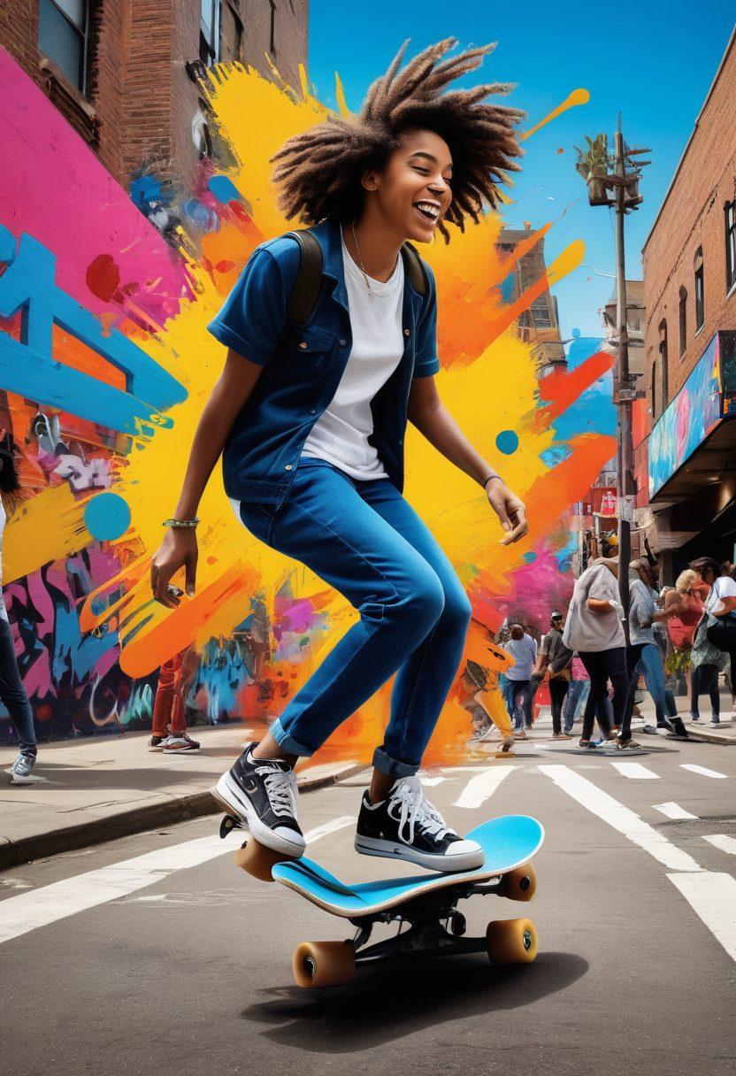 A dynamic collage depicting vibrant street scenes filled with diverse young people engaging in various activities like skateboarding, art, and music. Incorporate colorful graffiti and energetic expressions to reflect Zillennial culture, with tech elements like smartphones and headphones. Include symbols of social media and modern trends subtly in the background. Bright, bold colors with a lively atmosphere. super-realistic. vibrant colors. urban style.