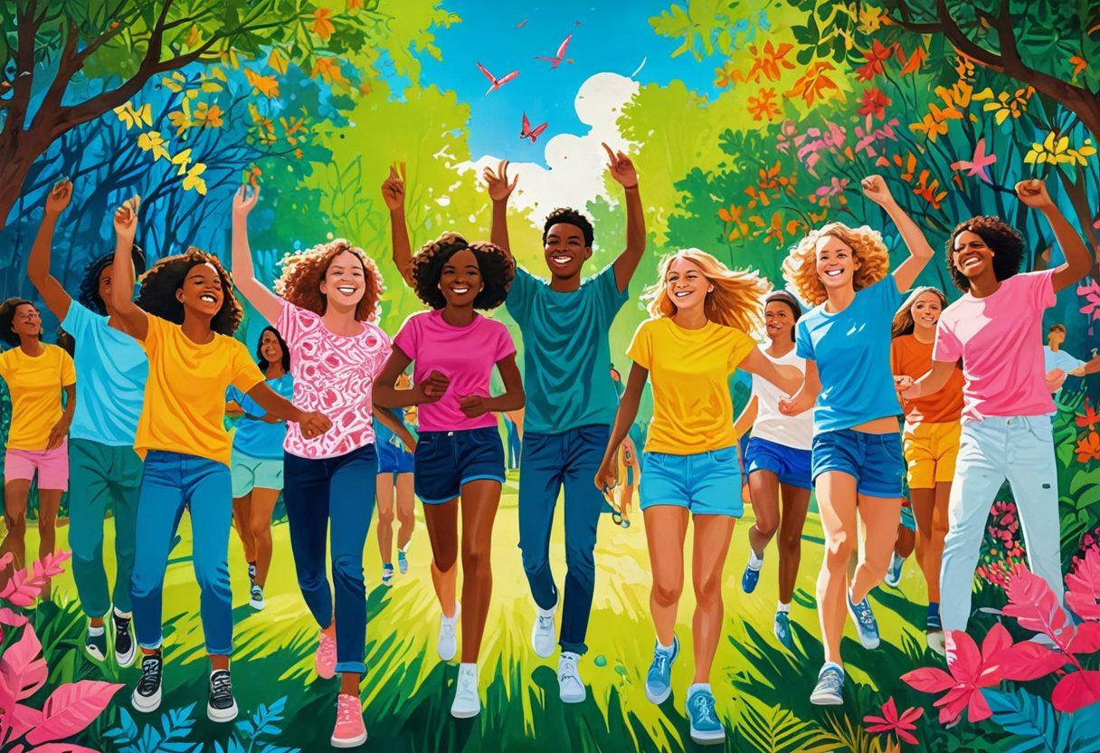 A vibrant and colorful illustration depicting a diverse group of modern youth transitioning from a state of naivety to one of vibrancy. Showcasing different cultural backgrounds, they are engaging in activities like exploring nature, attending a music festival, and volunteering. The background features a kaleidoscope of colors symbolizing their growth and dynamic spirit. Include elements of technology like smartphones subtly integrated into their activities to represent modernity. bright colors. painting.
